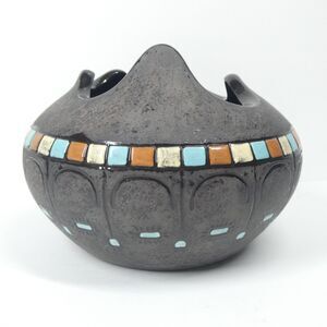 Black Ceramic Bowl Pot w/Blue Squares Geometric Signed Vtg MCM Blackware Native?